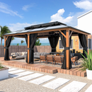EROMMY 12' x 20' Hardtop Gazebo, Faux Wood Grain Aluminum Outdoor Gazebo, Polycarbonate Double Roof, Curtains and Netting, Permanent Gazebo-Erommy